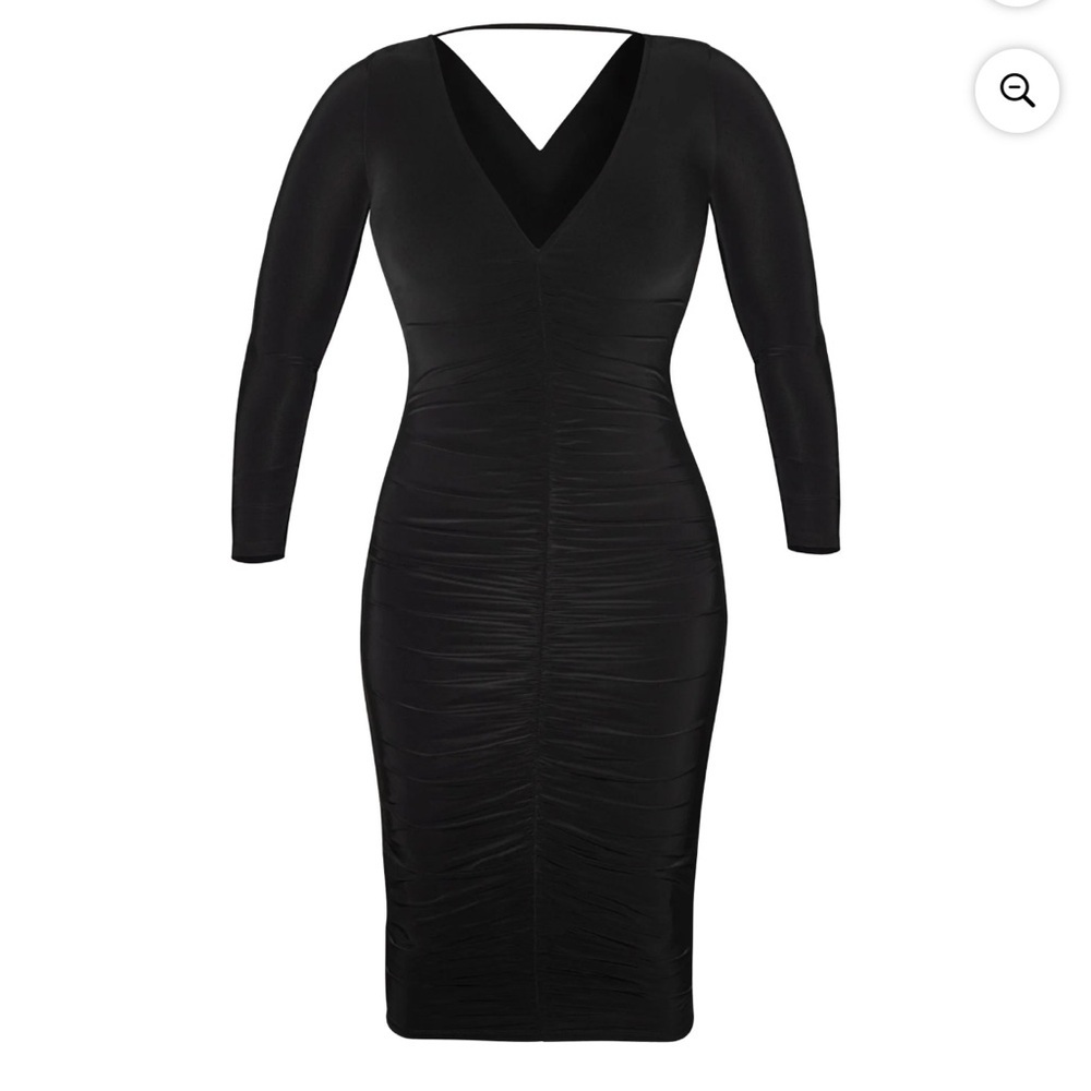 Rachel Roy | Black Stretch Ruched 3/4 Sleeve V Neck Midi Sheath Dress